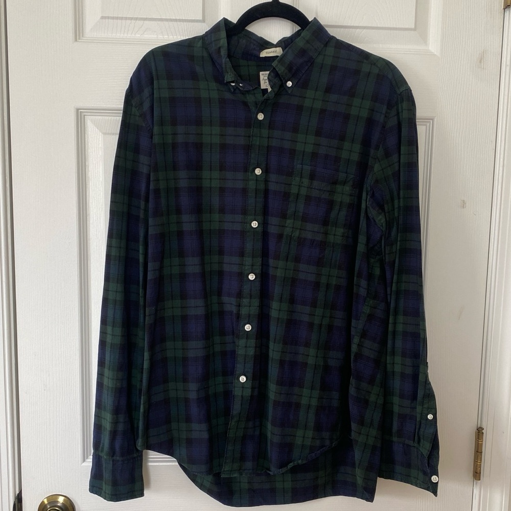 J crew mens button down blue and green plaid cotton Large L